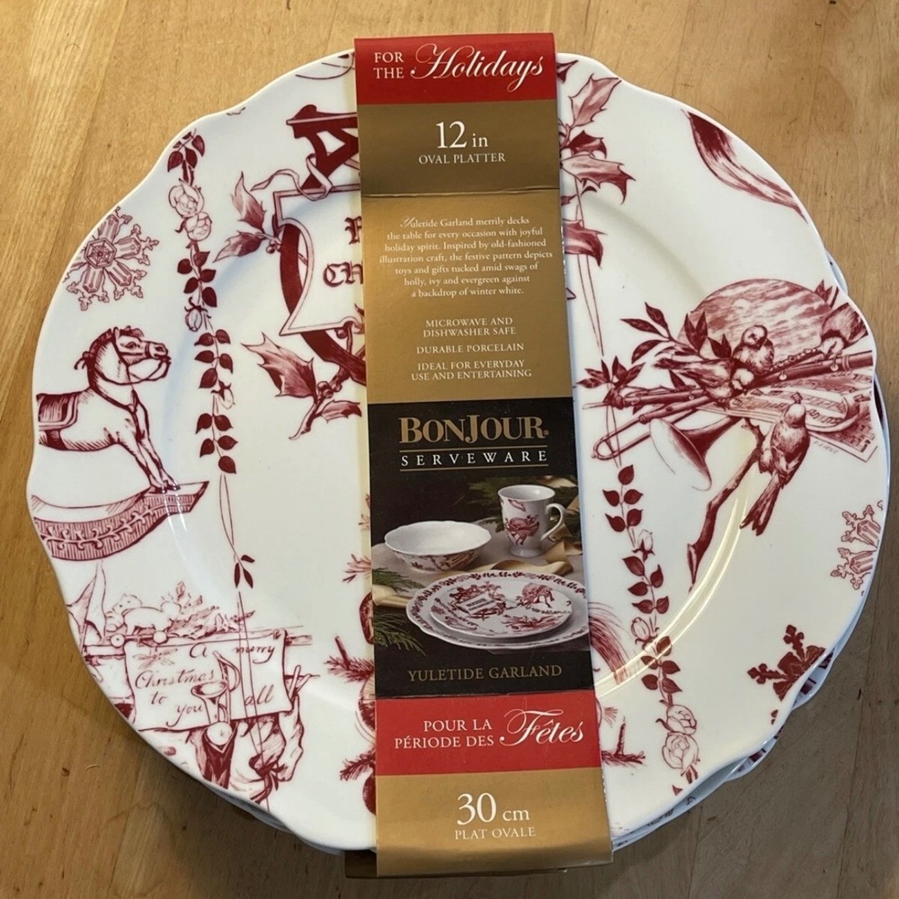 BonJour Yuletide Garland Platter 12in Porcelain Red White Christmas Toile